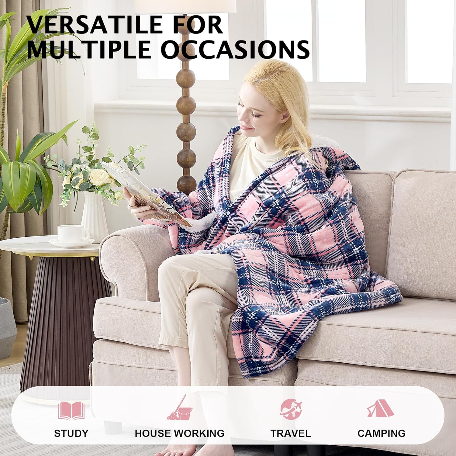 Electric Blanket Wearable Heated Shawl with Hood & Pockets – 6 Heat Settings, 4H Auto-Off, Flannel & Sherpa Reversible, Cozy Plaid Heated Throw Blanket for Home, Couch, or Gift, 40"x70", Pink - Image 4