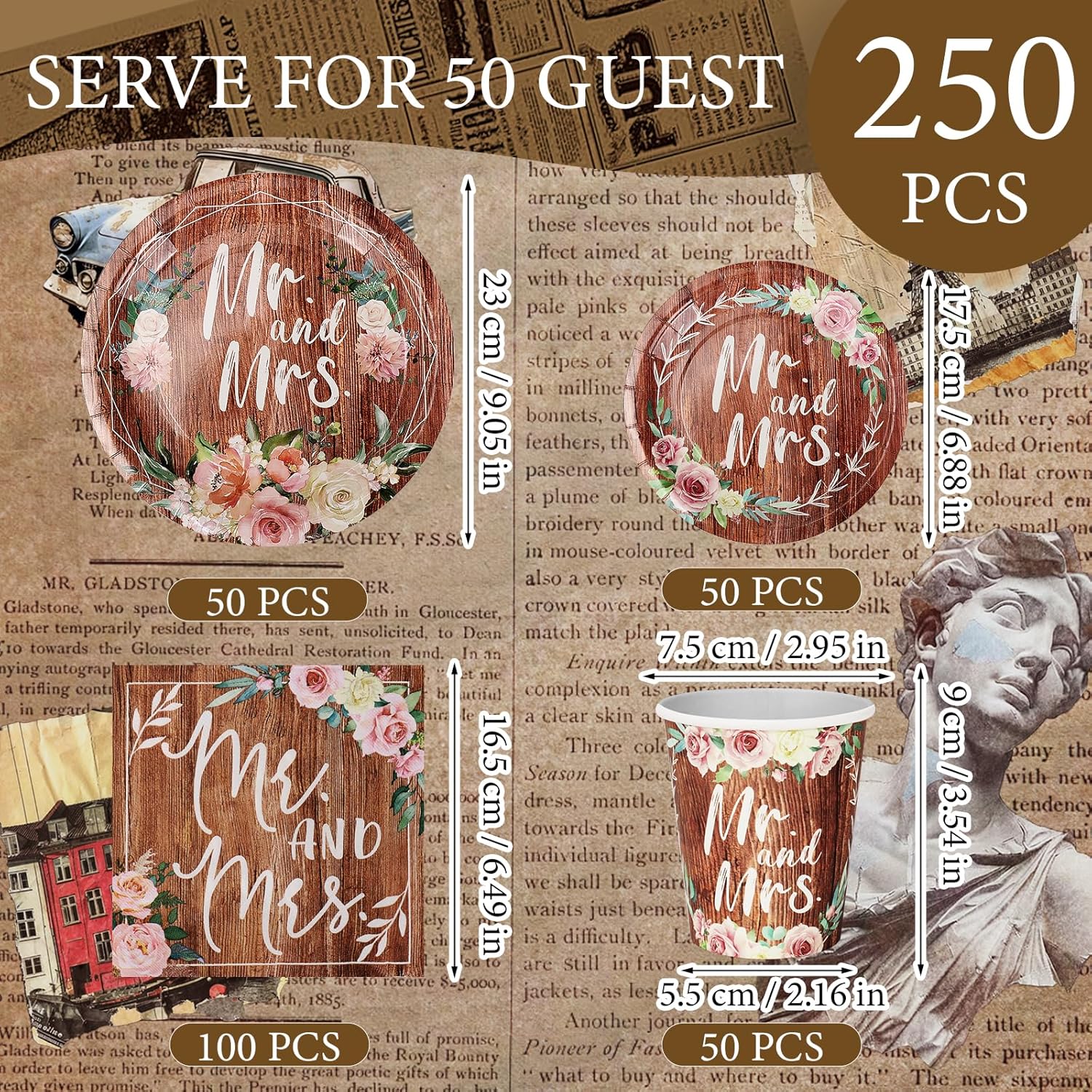 250 Pcs Rustic Wedding Guest Tableware Set for 50 - Vintage Wood Grain "Mr and Mrs" Disposable Paper Plates, Cups & Napkins - Heavy Duty Dinnerware Set for Bridal Shower & Engagement Party