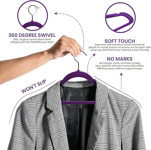 Miniatura 3 de Utopia Home Perchas de terciopelo de 50 unidades, perchas antideslizantes para ropa, perchas moradas, perchas para trajes con gancho giratorio de