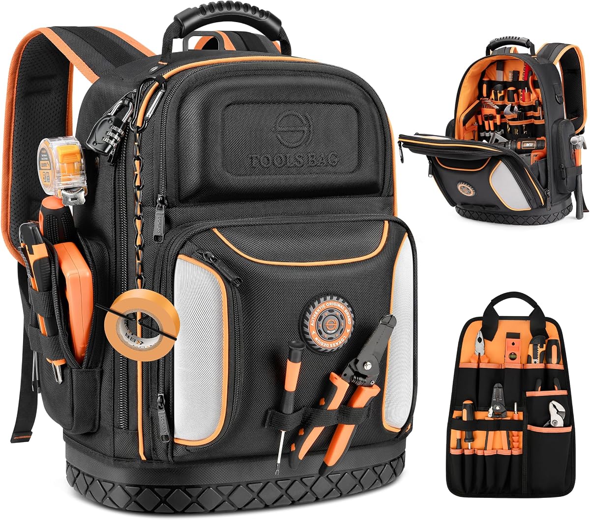 Mochila para herramientas de alta resistencia LOKASS de 18,1 pulgadas, 75 bolsillos, negra | Carga probada de 110 libras, tela resistente a desgarros 1680D, panel de herramientas extraíble, cerradura de combinación, electricistas, profesionales de HVAC