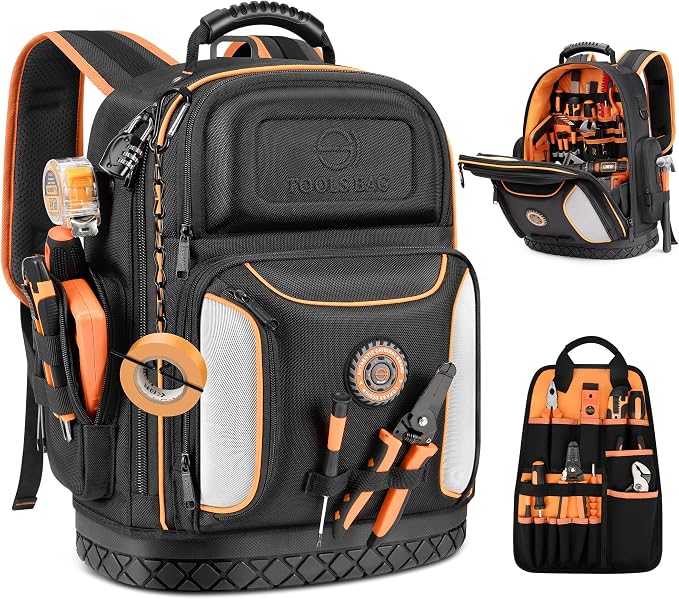 LOKASS 18.1-inch Heavy-Duty Tool Backpack, 75 Pockets, Black