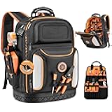 Tool Bag Backpack, 75 Pockets & Loops Heavy Duty Tools Organizer Bags/HVAC Tool Carrier for Eelectrician/Construction Work with Molded Base and Combination Lock, Large, Black and Orange