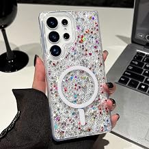 UEEBAI Glitter Case Magnetic for Samsung Galaxy S24 Ultra Case, Luxury Shiny Bling Sparkly Phone Cover Compatible with MagSafe, Wireless Charge Crystal Diamonds Shiny Cover for Women - Clear