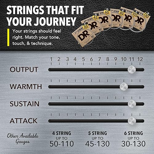 Miniatura 37 de DR Strings - Hi-Beams - Juego de Cuerdas de Bajo 4 Cuerdas - Mediano 45-105 - Núcleo Redondo de Acero Inoxidable - Accesorios para Bajo (MR-45)