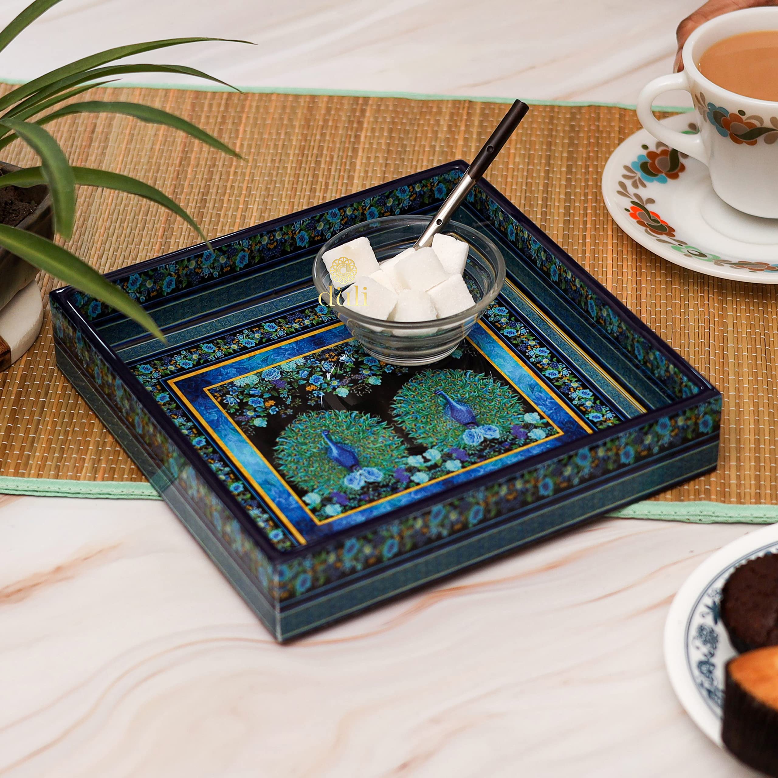 DULI Enamel Coated Multipurpose Tray in MDF | Serving Tray for Home & Dining Table | Multipurpose Tray | Water & Heat Resistant Durable (8x8Tray: 2Peacocks)