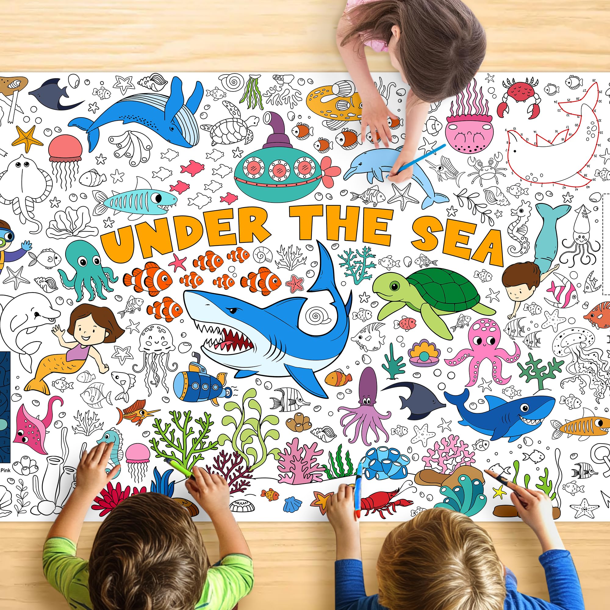 Under The Sea Coloring Tablecloth for Kids, Giant 30x72 Inch Poster with Shark, Turtle, Ocean Creatures, Perfect for Undersea Party Games, Aquatic Decorations, Classroom Fun, Event Supplies