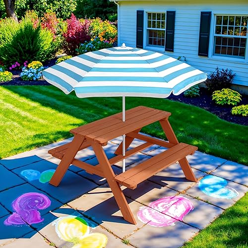 Miniatura 2 de Best Choice Products Mesa de picnic de madera para niños, mesa de actividades y comedor para exteriores con sombrilla ajustable plegable, asientos