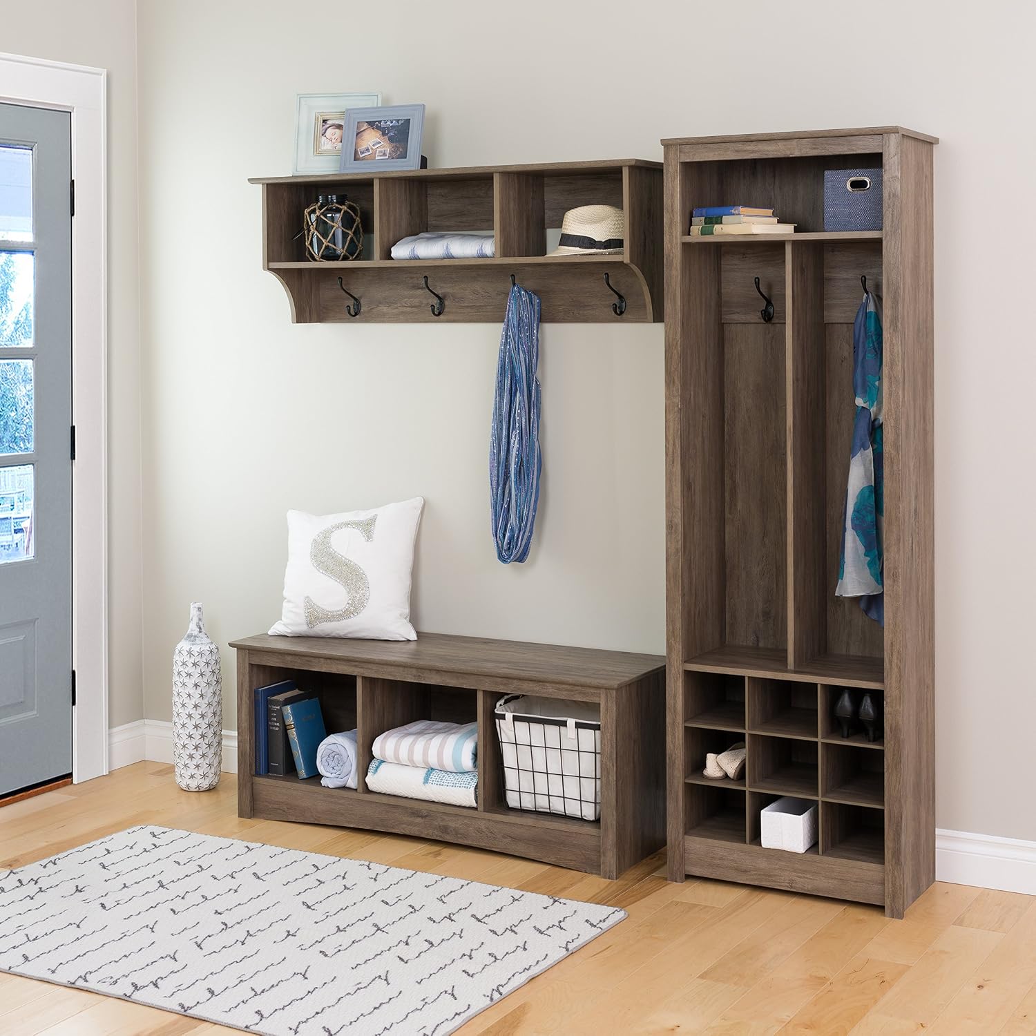 Prepac Space-Saving Entryway Organizer with Shoe Storage, Drifted Gray