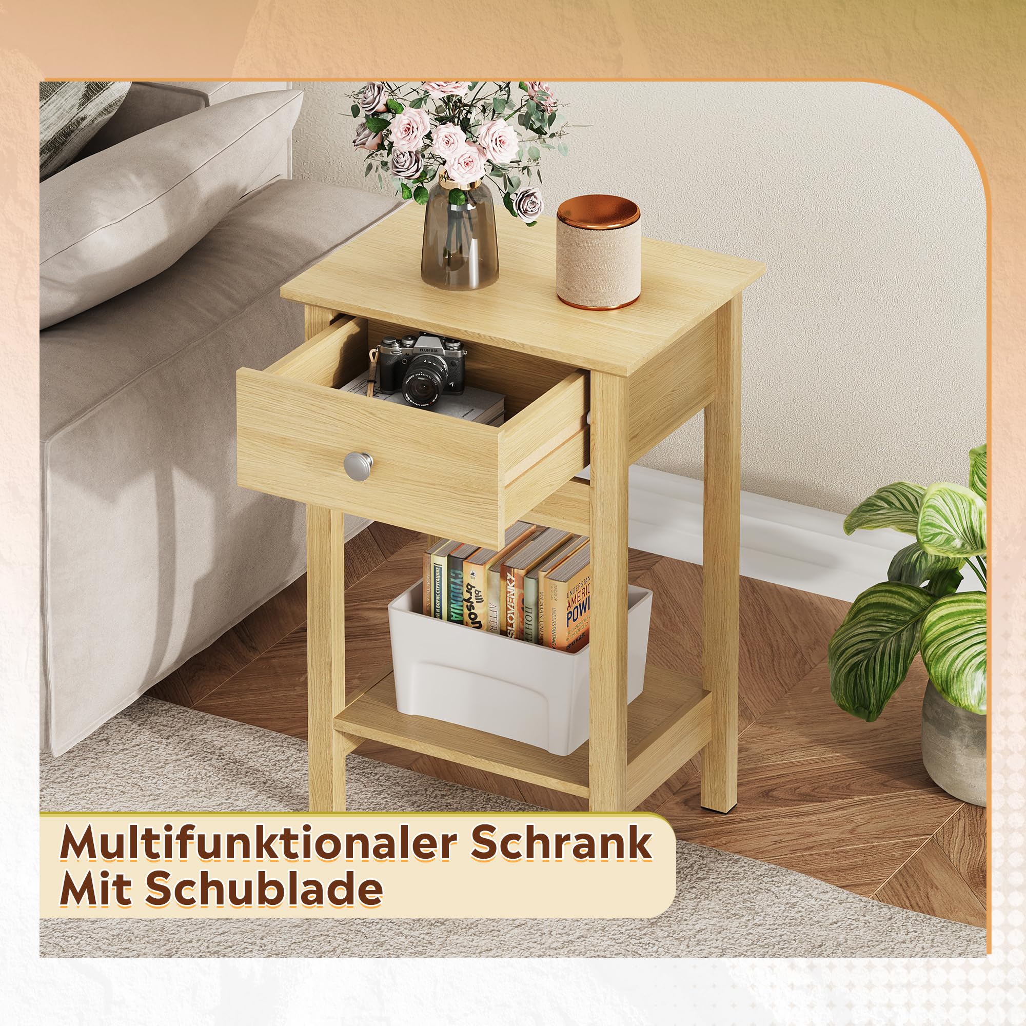 WLIVE Nachttisch,Beistelltisch aus Holz,mit Einer Schublade und Ablage,Platzsparend,Geeignet für Schlafzimmer und Wohnzimmer,Modern (2, Eiche)