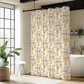 jinchan Vintage Tropical Leaf Shower Curtain Botanical Plant Shower Curtains for Bathroom Waterproof Fabric Elegant Luxury with 12 Hooks Yellow and Grey 70x72 Inches