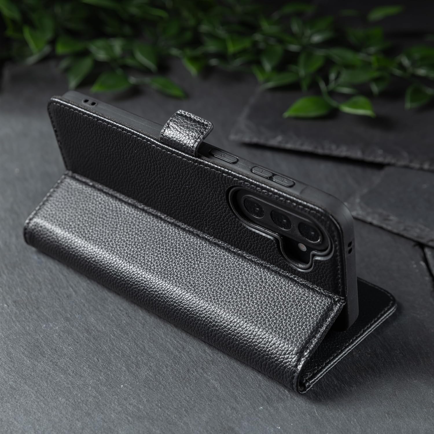Snakehive Genuine Leather Wallet Case for Galaxy A37 – Flip Cover with Card Slots & Stand (Dappled Black)