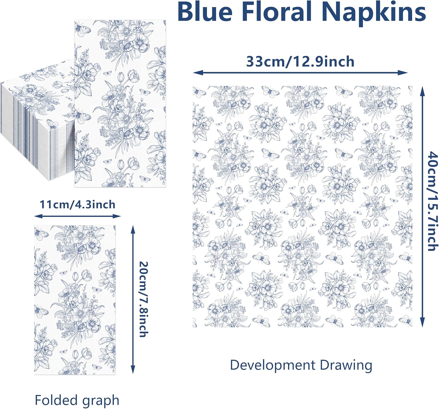 Blue Floral Napkins,100pcs Floral Paper Napkins Guest Disposable Hand Towels for Bathroom,Blue and White Paper Napkins Toilet for Wedding Bridal,Birthday,Baby Shower