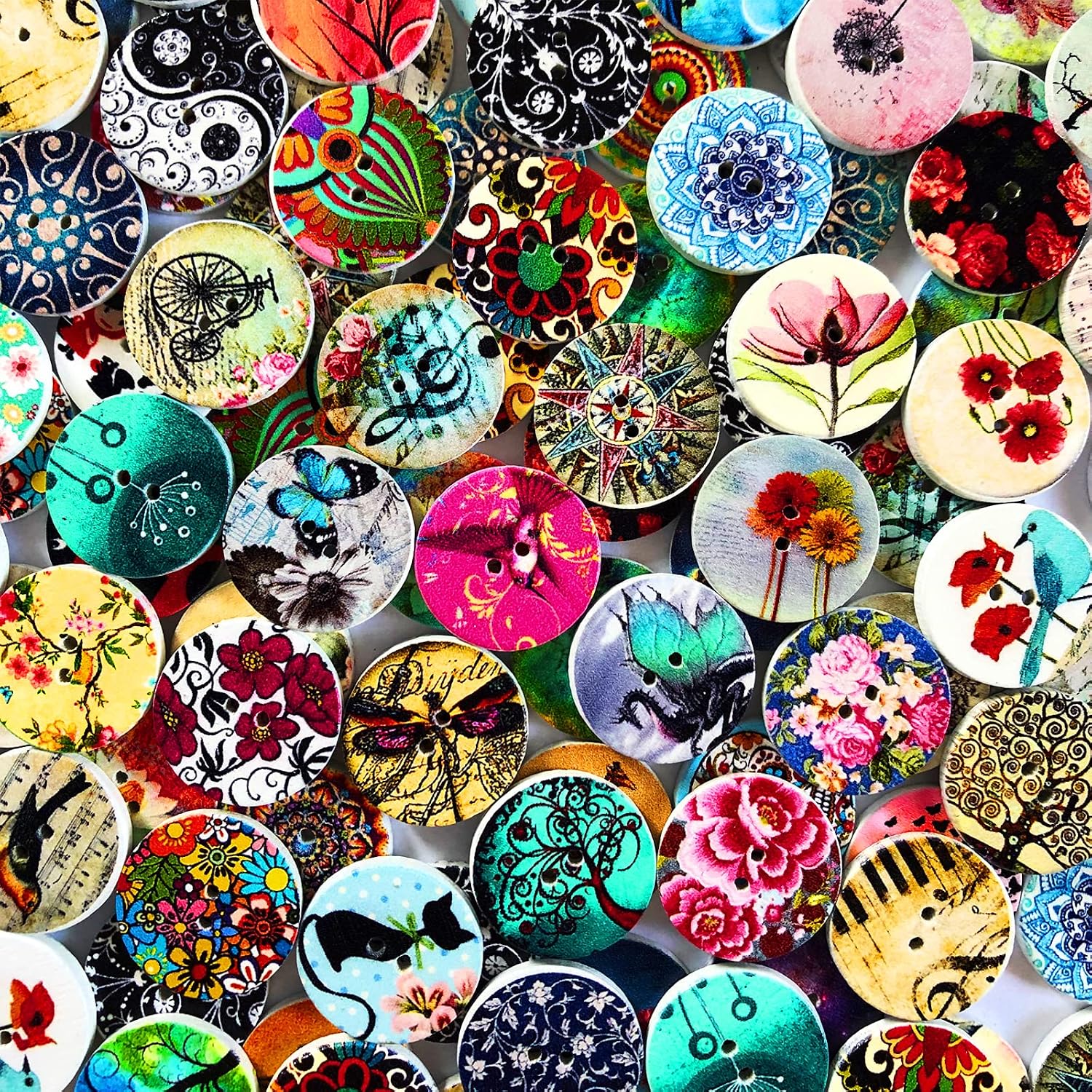 200Pcs Round Wood Buttons for Crafts 20mm Mixed Vintage Wooden Craft Button with 2 Holes for DIY Sewing Decorative
