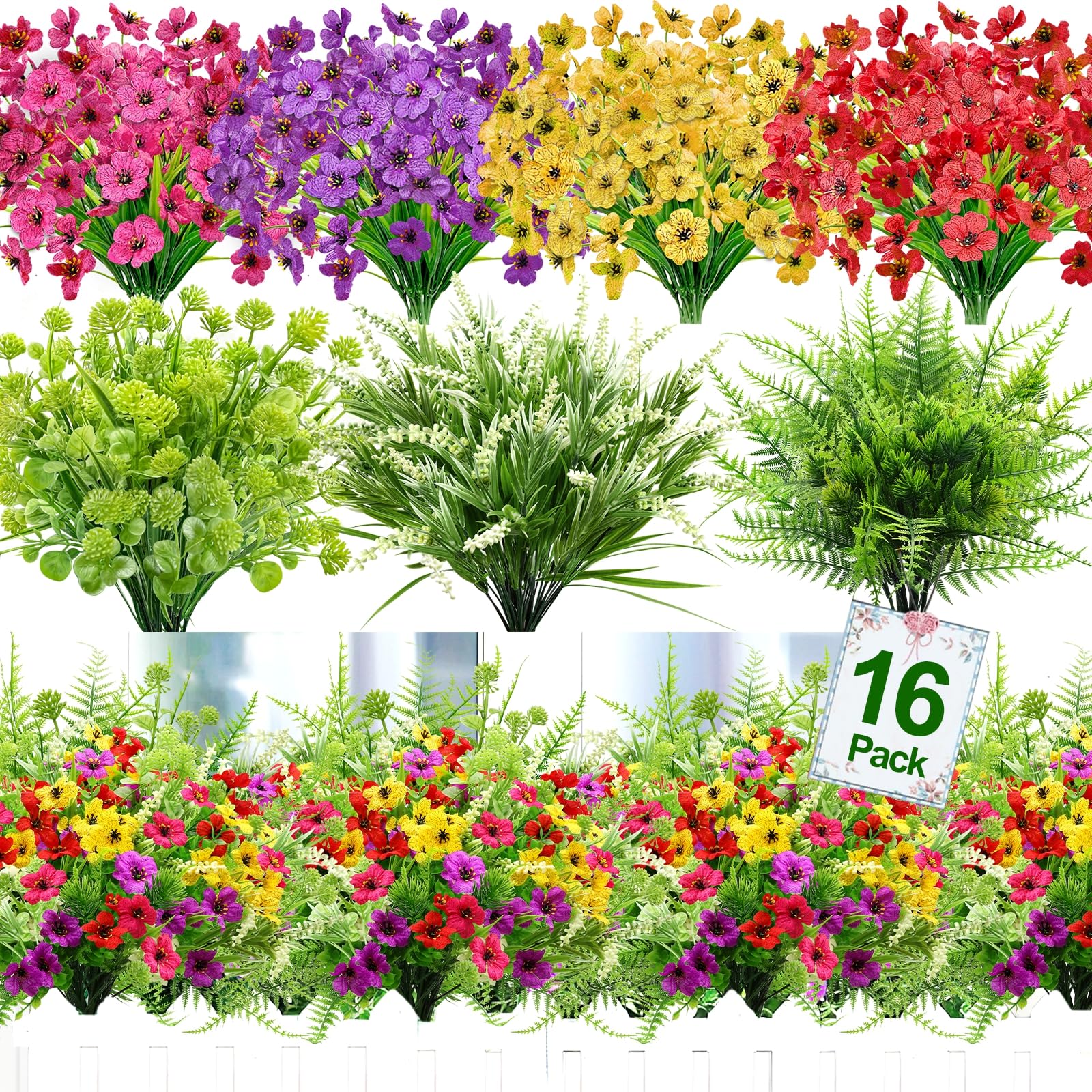 Photo 1 of 16 Bundles 7 Styles Artificial Flowers for Outdoors, UV Resistant No Fade Fake Plants Outdoor Faux Flowers Plant Silk Daisy Boston Fern Lavender Flowers for Cemetery Outside Planters Porch Patio Home