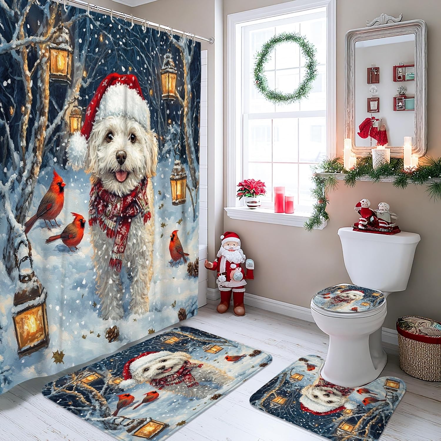 4PCS Christmas Cavachon Dog Bathroom Sets with Non-Slip Rug, U Shape Toilet Lid Cover Mat, Winter Cardinal Xmas Puppy Bathroom Decoration 72''x72''