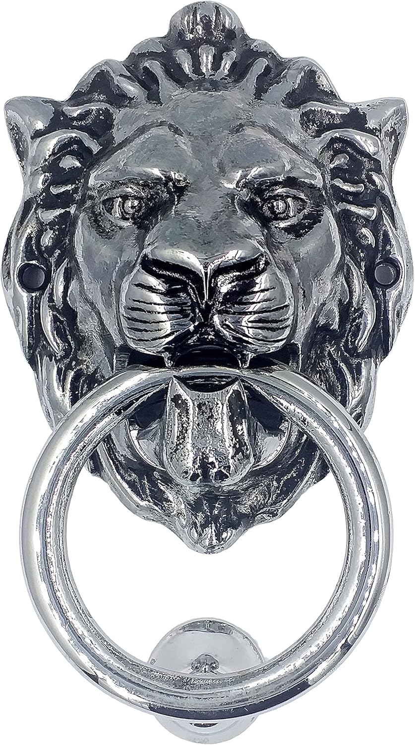 Royal Lions Head Door Knocker Solid Brass 7 inches Tall(Antique Silver)