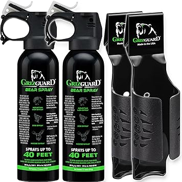 Griz Guard Bear Spray W/Holster 40 ft Range, Maximum Strength, EPA-Registered Spray for Bears, Mountain Lions, Coyotes, Dogs, Moose, Outdoor Hiking & Camping Protection, Glow Safety, 7.9 oz 2 Pack