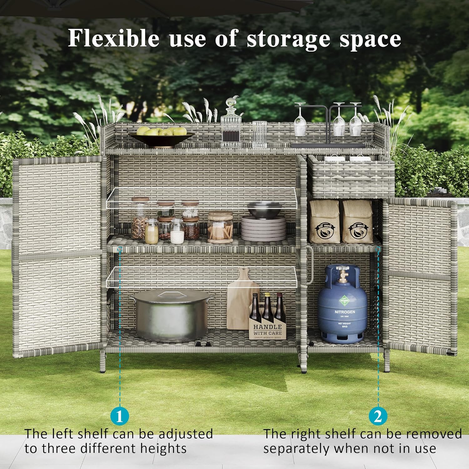 Wicker Outdoor Storage Cabinet with Tempered Glass Desktop, Rattan Bar Table with 3 Doors, Adjustable Shelf and One Drawer, Buffet Cabinet Sideboard for Poolside, Garden, Patio, Backyard, Grey