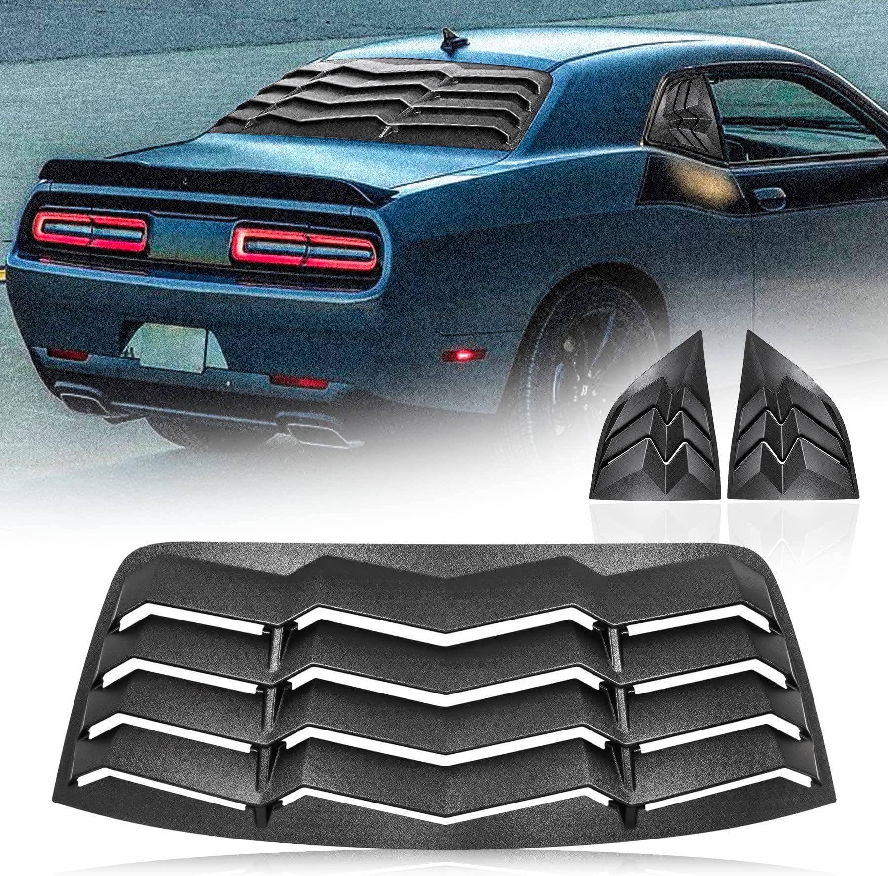 Rear+Side Window Louver ABS Windshield Sun Shade Cover Compatible with Dodge Challenger 2008-2022 2023 in GT Lambo Style Matte Black