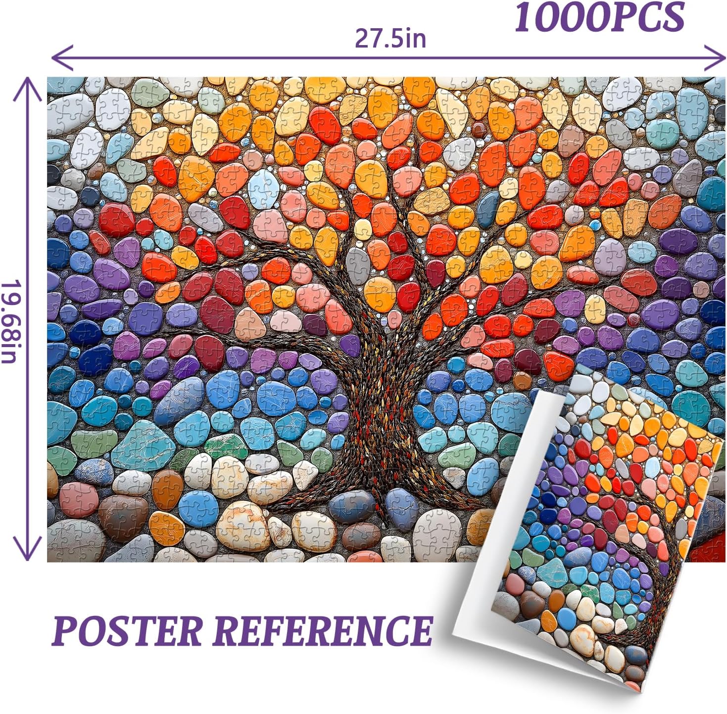 Tree of Life 1000 Piece Puzzle for Adults, PICKFORU Gradient Rainbow Stone Jigsaw Puzzles, Impossible Difficult Colorful Cobblestone Art Theme as Home Decor