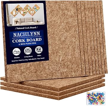 NACHLYNN Felt Cork Board Tiles 12 Pack Brown 12 x 12-1/3" Corkboards for Wall Square Bulletin Board Self-Adhesive with 100 Push Pins Frameless Cork Tiles for Walls Home Office