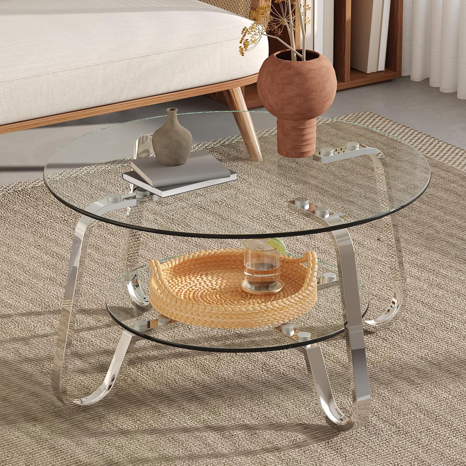 31.5" Round Glass Coffee Table, Modern 2-Tier Circle Coffee Tables with Bottom Storage Shelf and Silver Metal Legs, Round Tempered Glass Top Storage Center Tea Cocktail Tables for Living Room