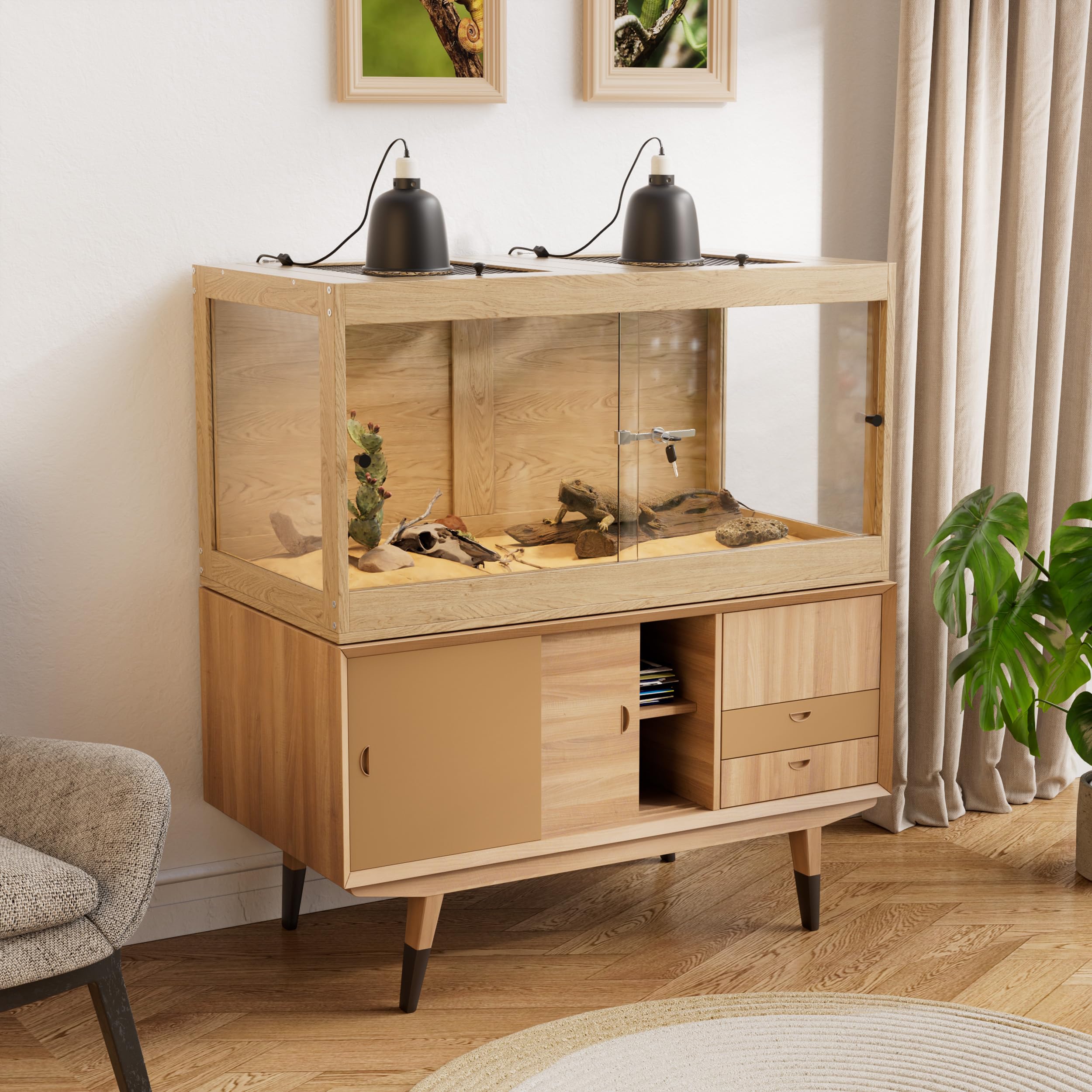 Terrarium für Reptilien & Amphibien, 100x50.8x52.3cm Reptilien Terrarium Holz mit 360°-Panoramablick aus Glas, Belüftung und Sicherheitsschloss, Terrarium Groß für Bartagame, Schlangen, Jungtiere