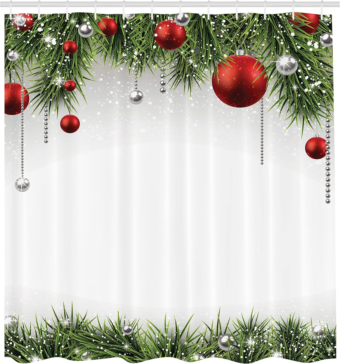 Ambesonne Christmas Shower Curtain, Classical Christmas Ornaments and Baubles Coniferous Pine Tree Twig Tinsel Print, Cloth Fabric Bathroom Decor Set with Hooks, 69" W x 70" L, Green Red