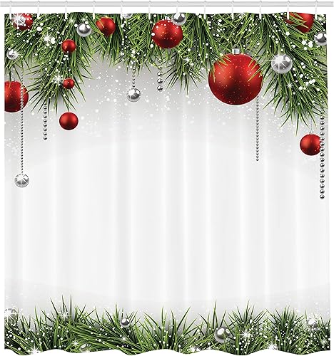 Miniatura 2 de Ambesonne - Cortina de regadera de Navidad, adornos clásicos de Navidad y adornos navideños con estampado de ramitas de oropel de pino de coníferas,