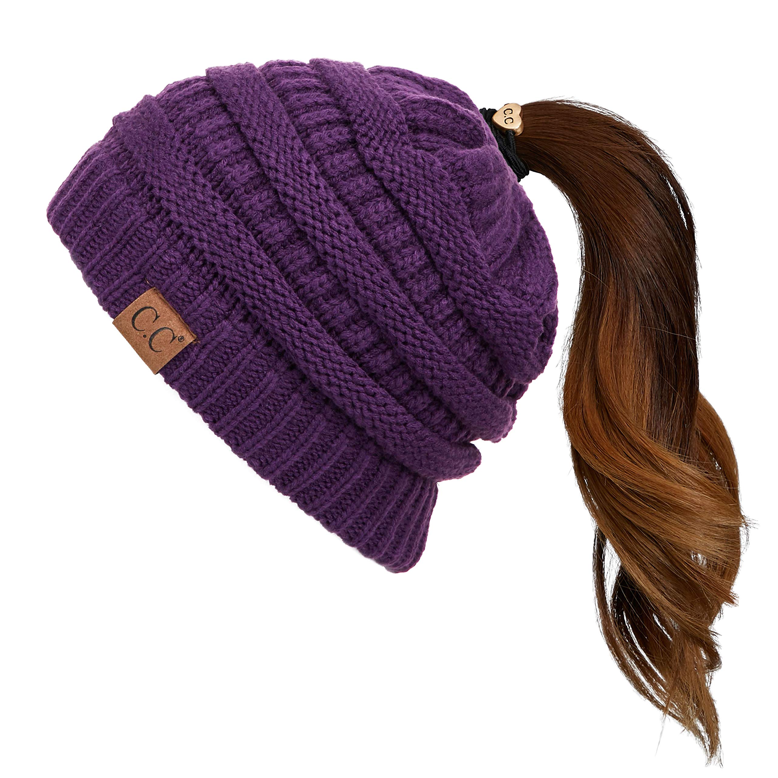 C.C Exclusives Soft Stretch Cable Knit Messy Bun Ponytail Beanie Winter Hat for Women (MB-20A), Purple, One Size