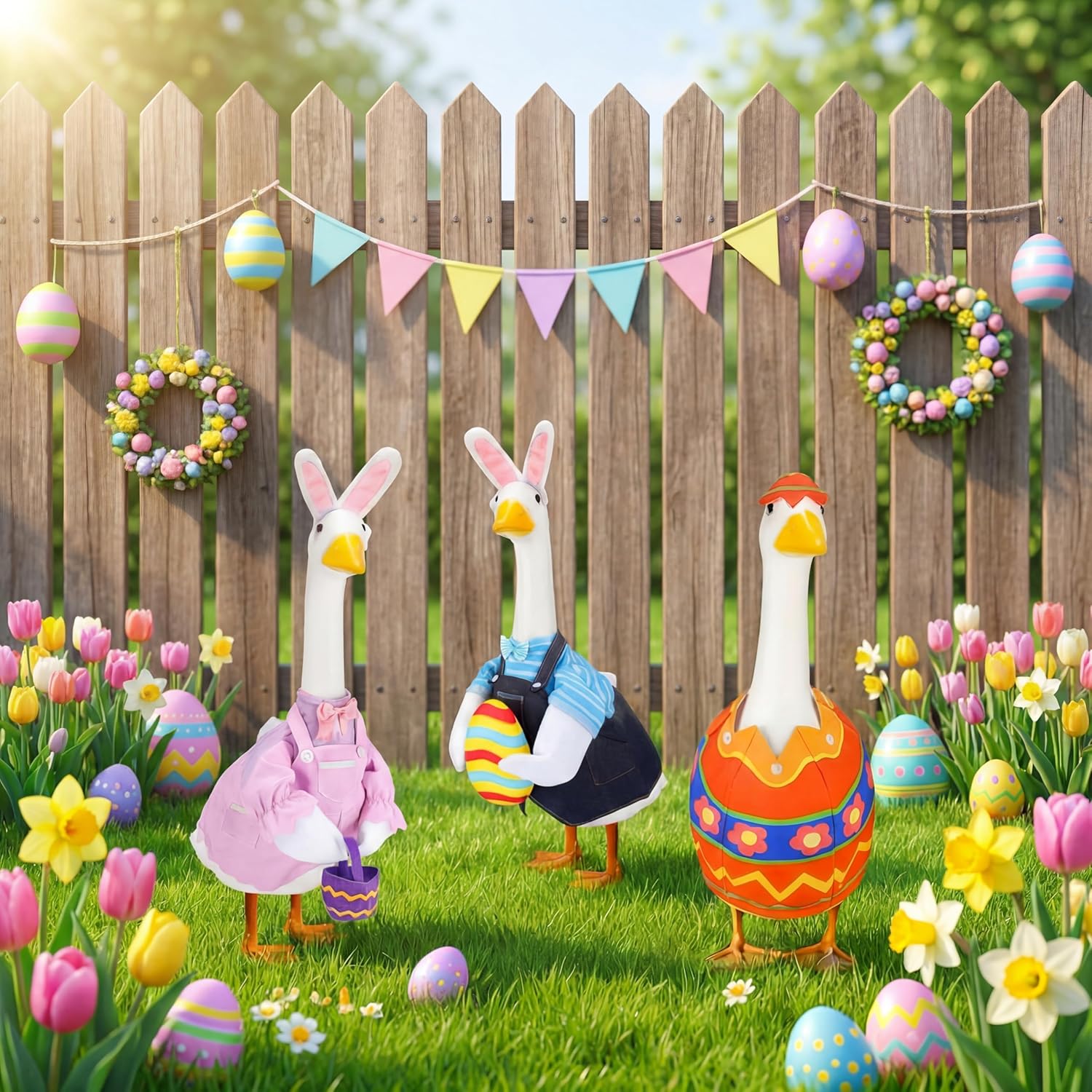 Geyoga 3 Set Easter Bunny Goose Outfit for 23" Porch Goose Holiday Pink Blue Yellow Bunny Costume with Easter egg Basket for Party Outdoor Garden Patio Yard Lawn Art Decoration