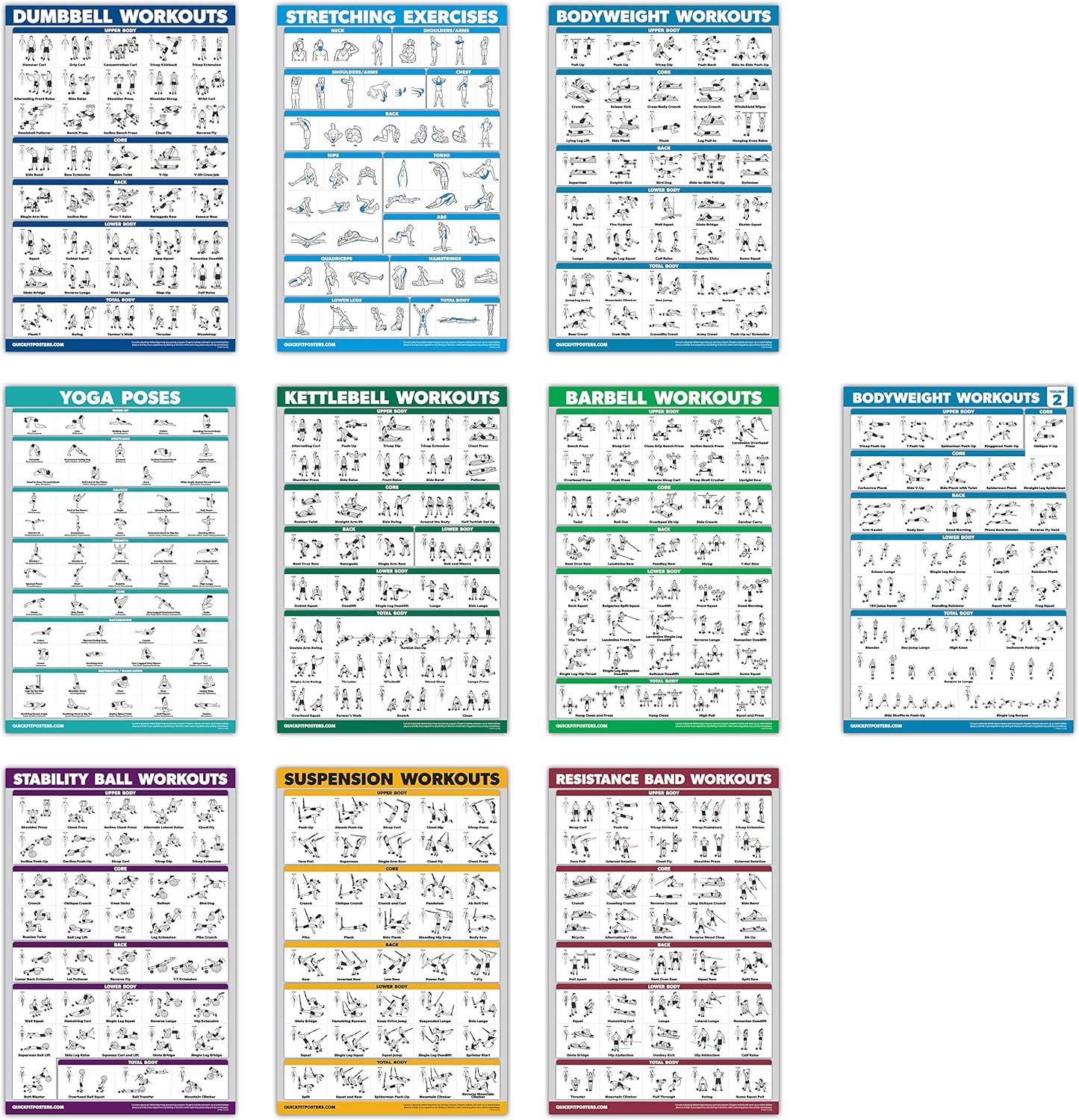 QUICKFIT 10 Pack - Exercise Workout Poster Set - Bodyweight Volume 1 & 2, Dumbbell, Suspension, Kettlebell, Resistance Bands, Stretching, Barbell, Yoga Poses, Exercise Ball (Laminated, 18" x 24")