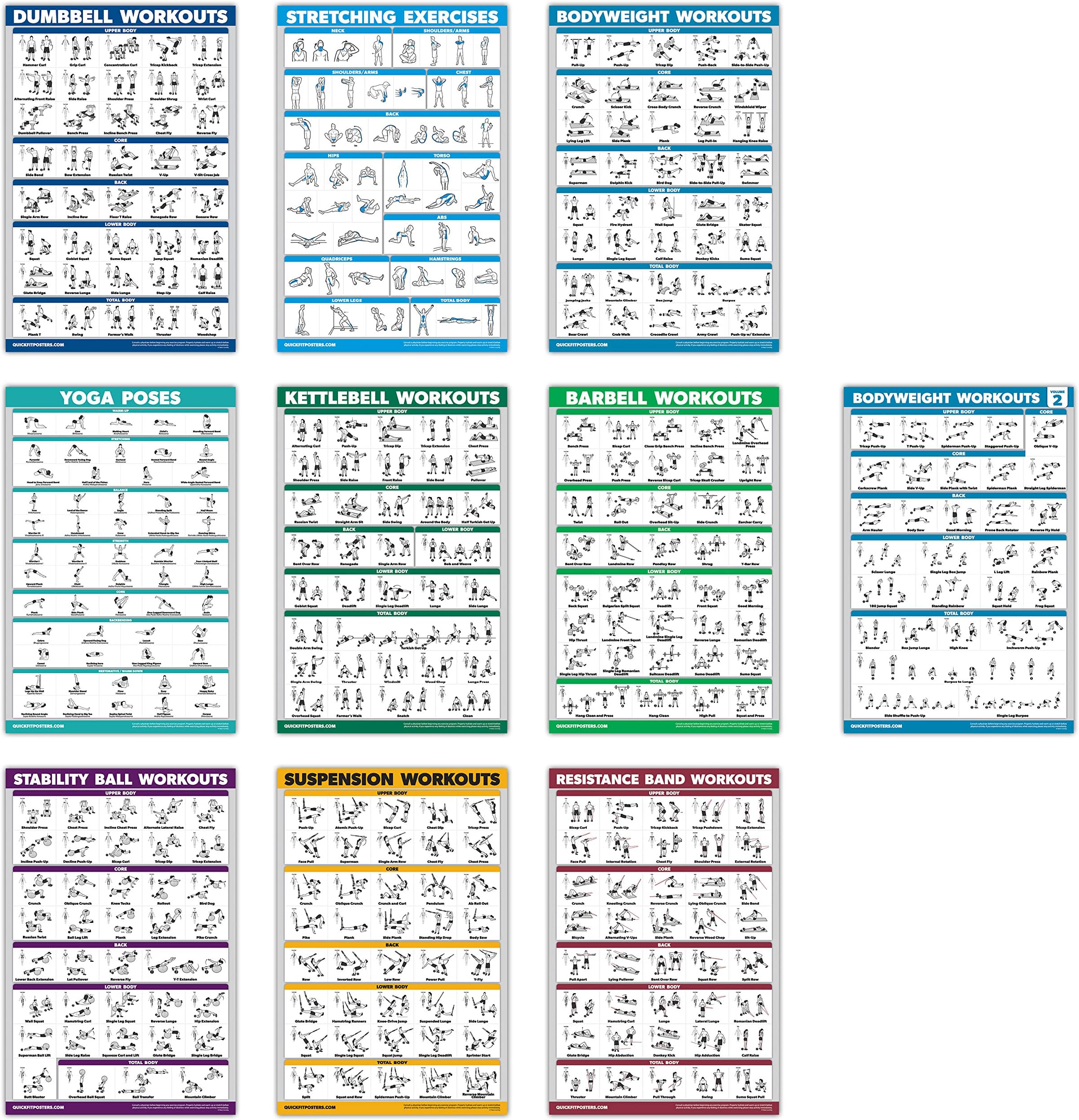 QuickFit 10 Pack - Exercise Workout Poster Set - Bodyweight Volume 1 & 2, Dumbbell, Suspension, Kettlebell, Resistance Bands, Stretching, Barbell, Yoga Poses, Exercise Ball (Laminated, 18" x 27")