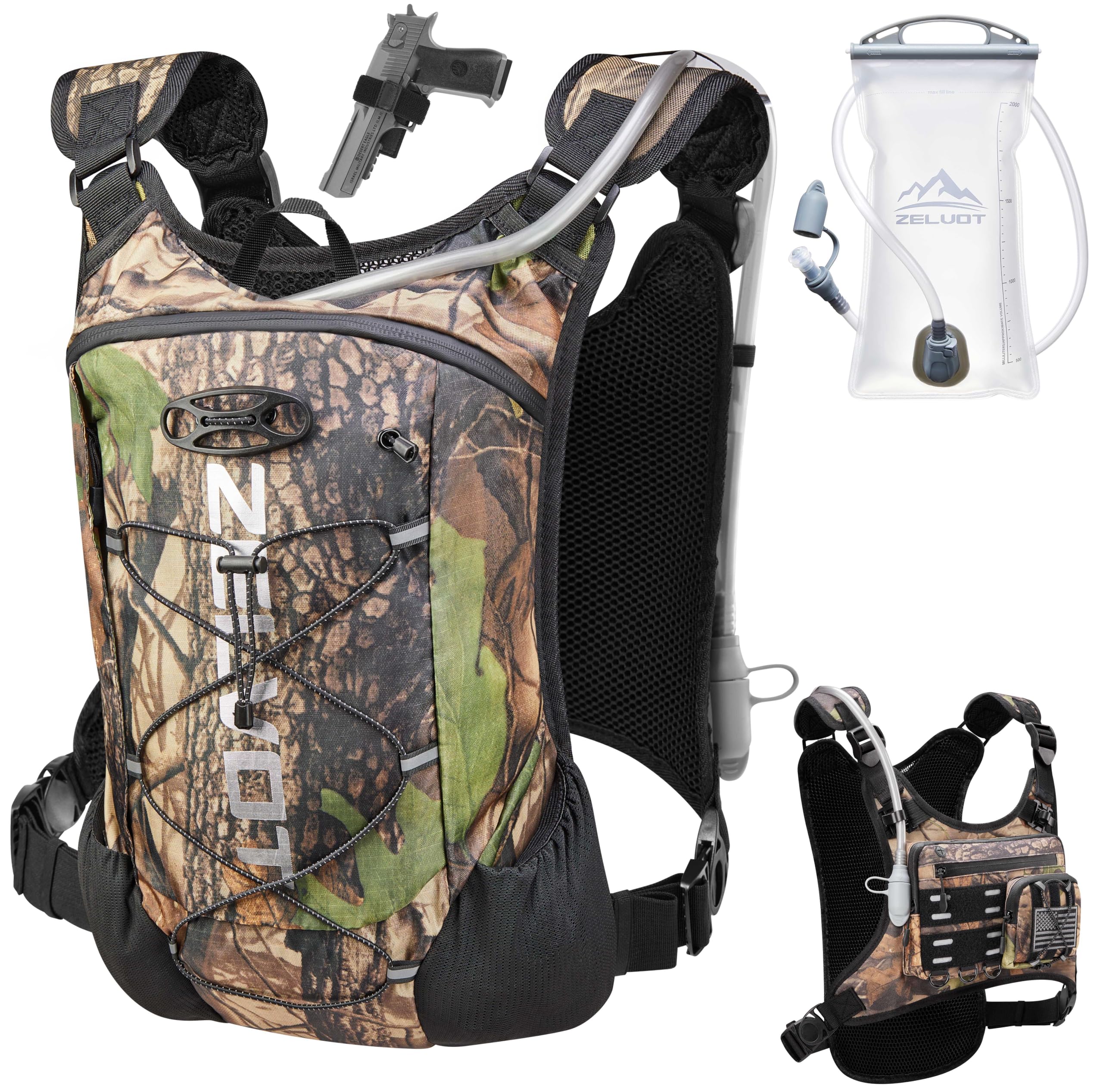Photo 1 of ***ALL BLACK***Zelvot Running Vest with 2L Water Bladder, Hydration Backpack, U.S. Design Patent, Lightweight Hydration Pack with Gear Holder, Chest Pack for Men Women for Marathon (Tree Camouflage, M/L)