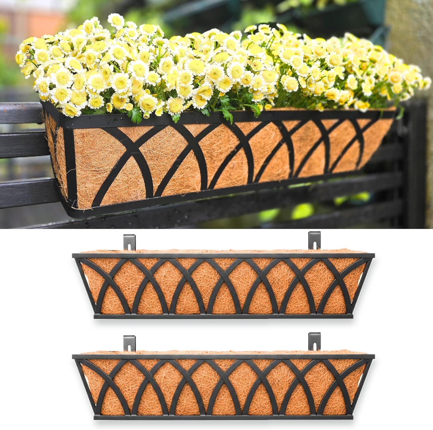 LaLaGreen Deck Railing Planter Boxes (30 Inch, 2 Pack) Wall Hanging Planters for Outdoor Plants, Black Metal Rectangular Window Flower Box with Coco Liner, Horse Trough Rail Fence Porch Patio Decor