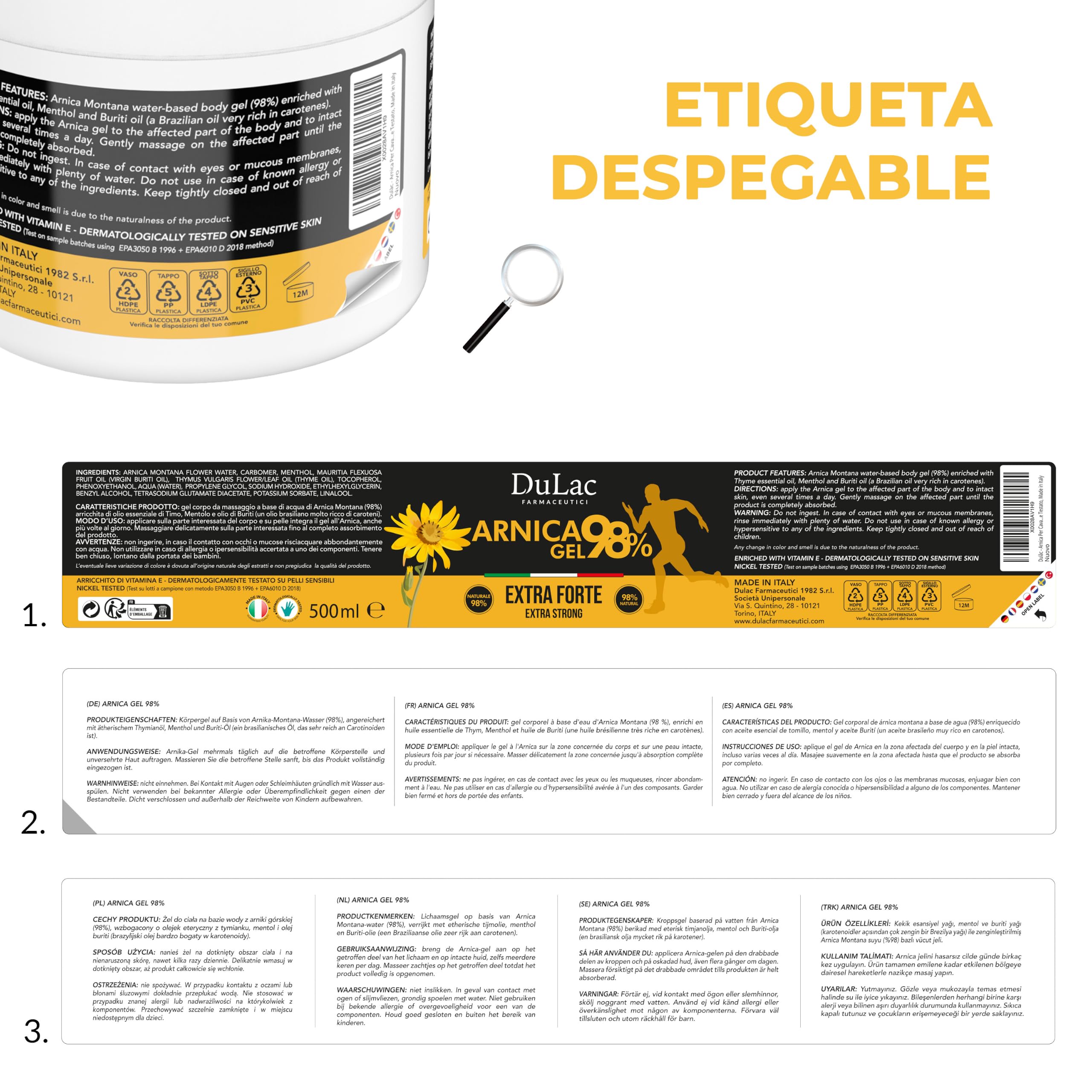 Dulac – Arnica Gel Fuerte 98%, Efecto Refrescante, 500 ml, Para Masajes en Músculos y Articulaciones Fatigados, También Util para la zona cervical, con Mentol y Aceite de Buriti, Made in Italy