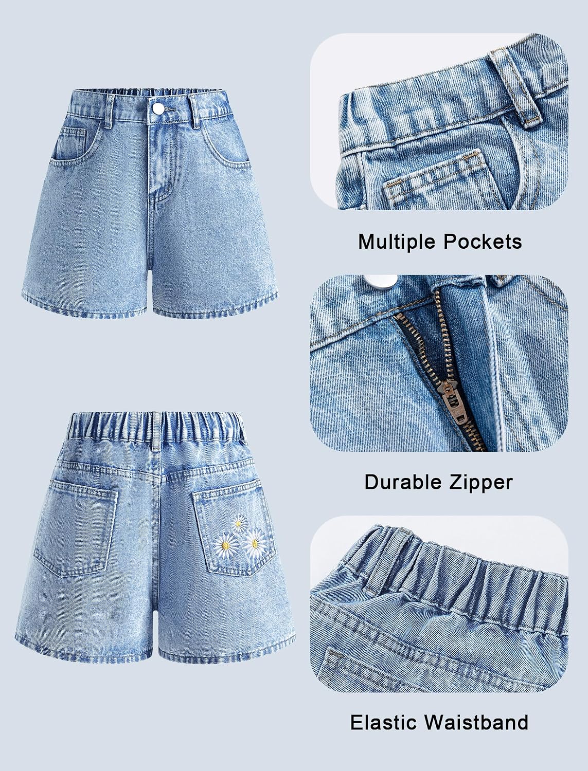 Jean Shorts for Girls Y2k Baggy High Elastic Waisted Cute Bow Embroidery Summer Teens Denim Shorts 13-16Y