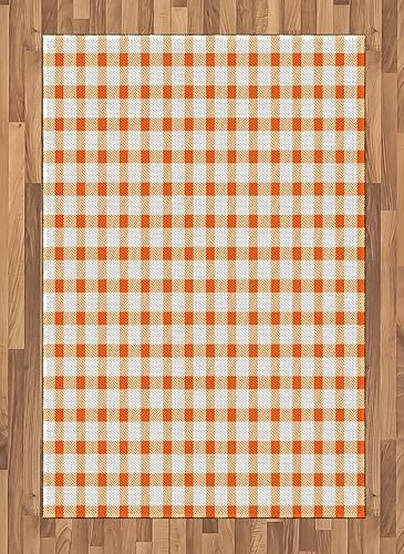 Ambesonne Alfombra naranja y blanca, patrón de cuadros retro a cuadros en colores cálidos, alfombra decorativa tejida plana para sala de estar,