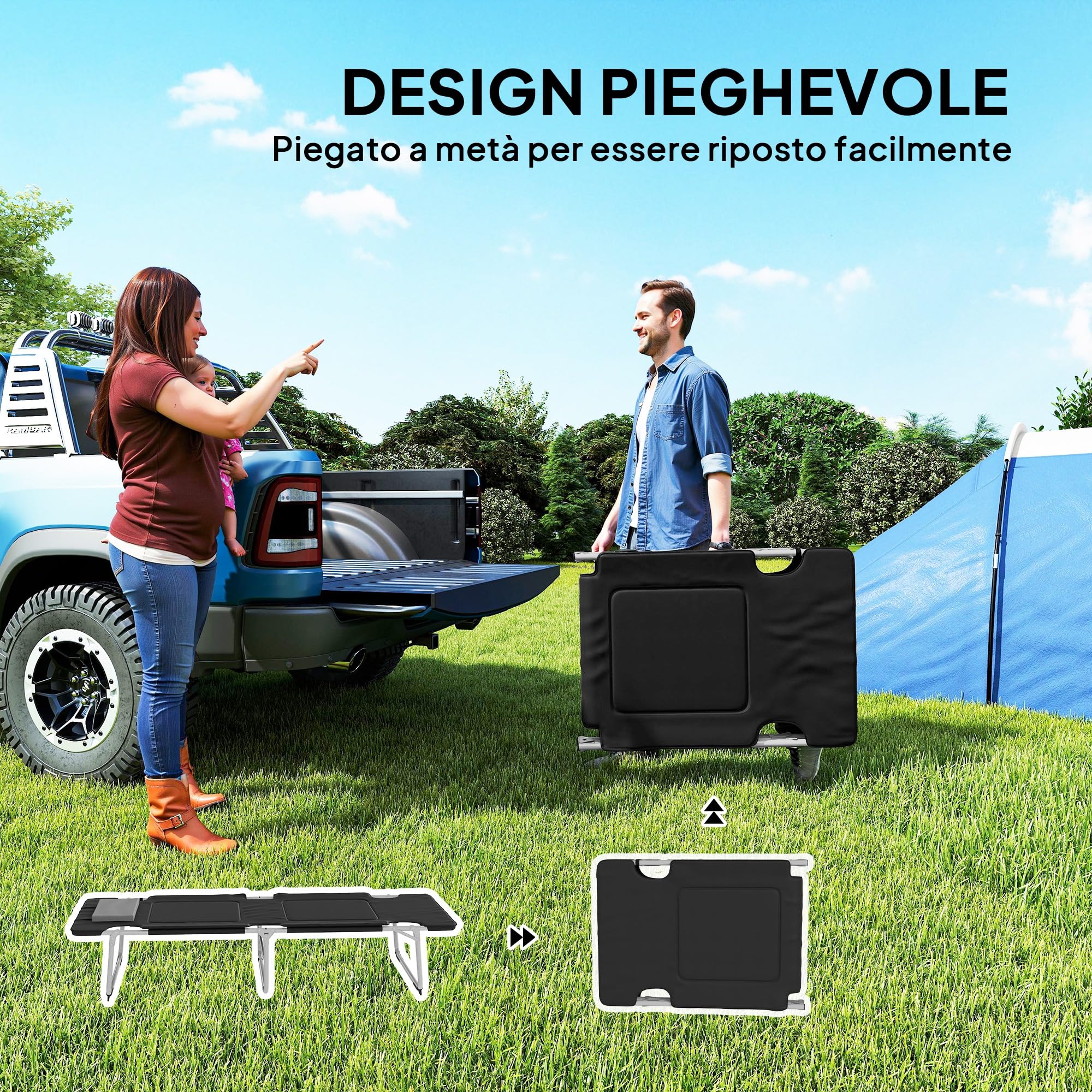 Outsunny Letto da Campeggio, Brandina Pieghevole e Imbottita con Cuscino, Nero 183 x 66 x 33cm