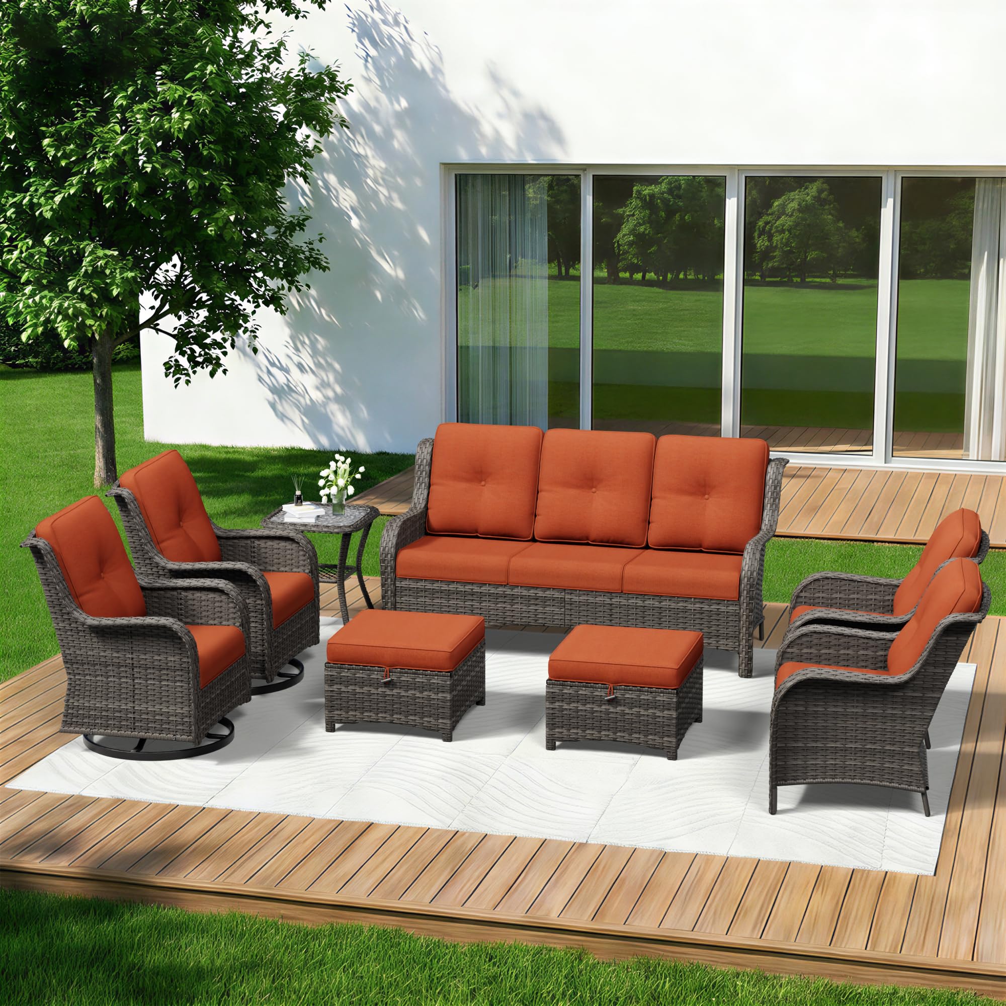 8 Piece Outdoor Wicker Patio Furniture Set, Patio Chairs Set with Thickened Olefin Cushions, High Back and Deep Seating, Hand-Woven PE Rattan, Ottoman for Porch, Deck