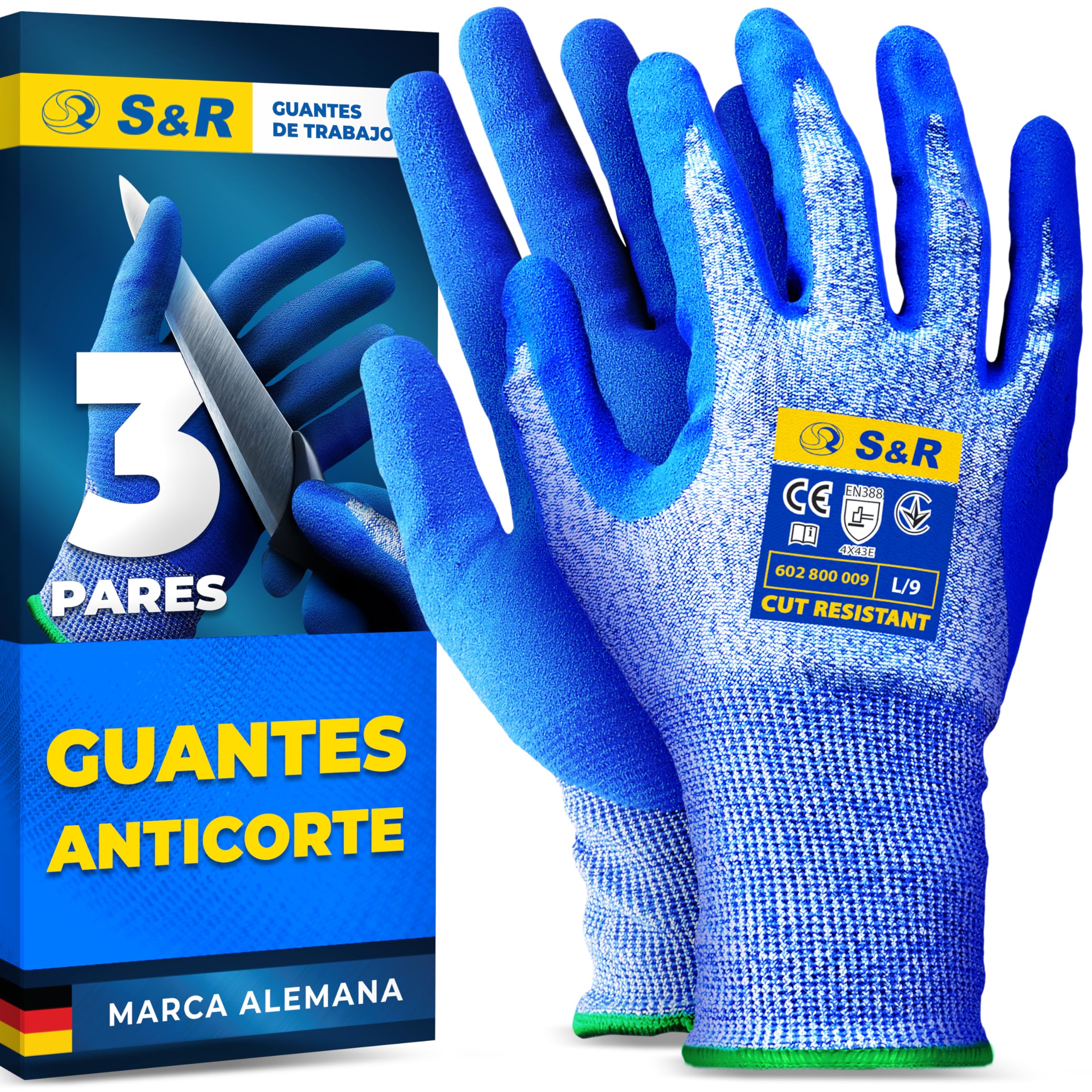 S&R 3 PARES Guantes Anticorte Nivel 5. Guantes de Trabajo Talla L/9 para Jardinería/Cocina. Tejido de Tungsteno y Nitrilo