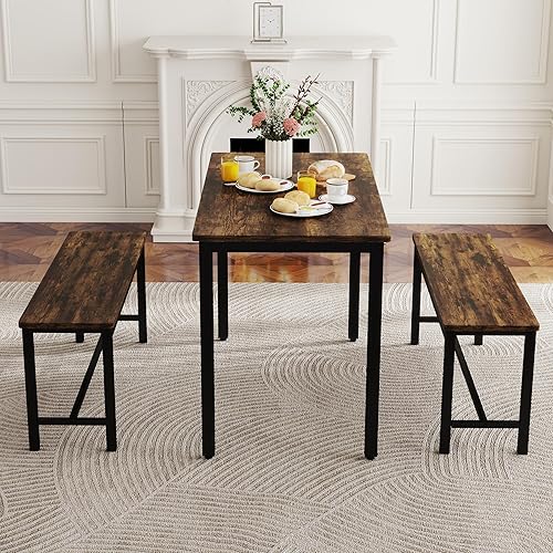 Miniatura 8 de Juego de mesa de comedor para 4, mesa de cocina con 2 bancos, muebles de comedor de madera de 3 piezas, juegos de sillas de comedor para rincón de