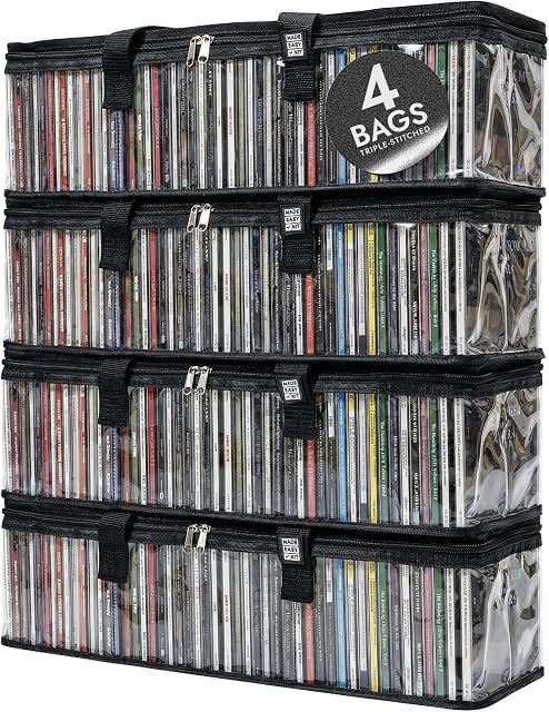 Made Easy Kit Clear View Media Storage Bag for CDs, & Video Game Cases- Protect Your Collection & Preserve The Quality of Your Cases - Stackable, Space-Saving, Fits 50 (Black CD, 4-Pack)