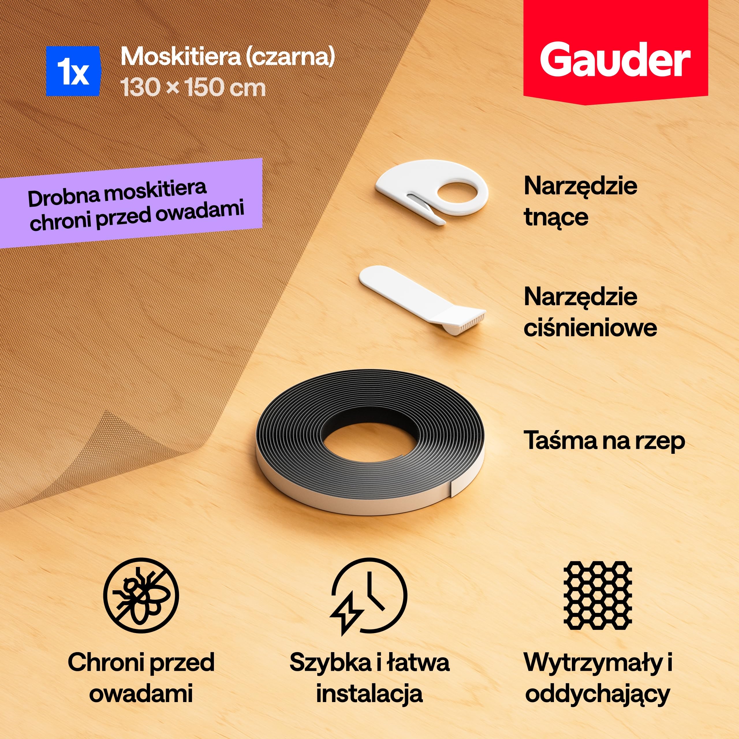 GAUDER Siatka na Okno Przeciw Owadom - Moskitiery Samoprzylepne z Taśmą Rzepową - Gęsta Siatka na Komary Bez Wiercenia - Ochrona Okna przed Owady (130 x 150 cm - Czarna)