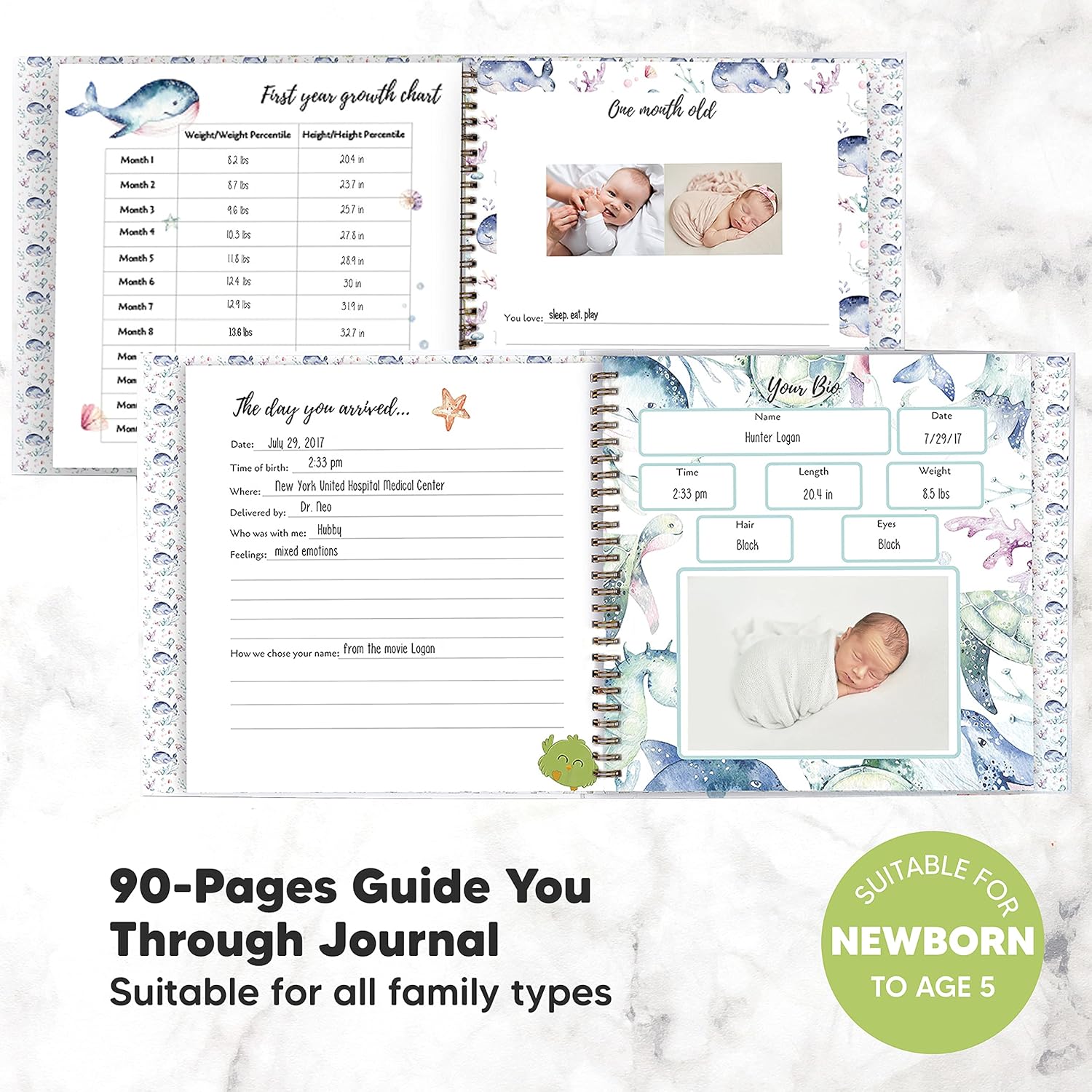 First 5 Years Baby Memory Book Journal - 90 Pages Hardcover First Year Keepsake Milestone Baby Book For Boys, Girls - Baby Scrapbook - Baby Album And Memory Book (SeaWorld) : Baby