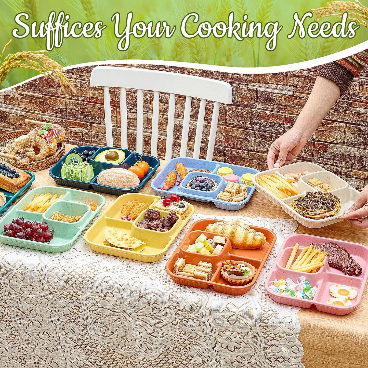 Pinkunn 8 Pcs 10'' Divided Plates Unbreakable Wheat Straw Dinnerware Lunch Trays Lightweight Reusable Plastic Compartment Microwave Dishwasher Safe Separator Plates(Multicolor)