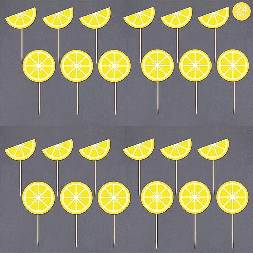 Miniatura 3 de Gexolenu 24 piezas de adornos de limón para cupcakes con purpurina temática de frutas de verano, limonada de verano, para decoración de fiesta de