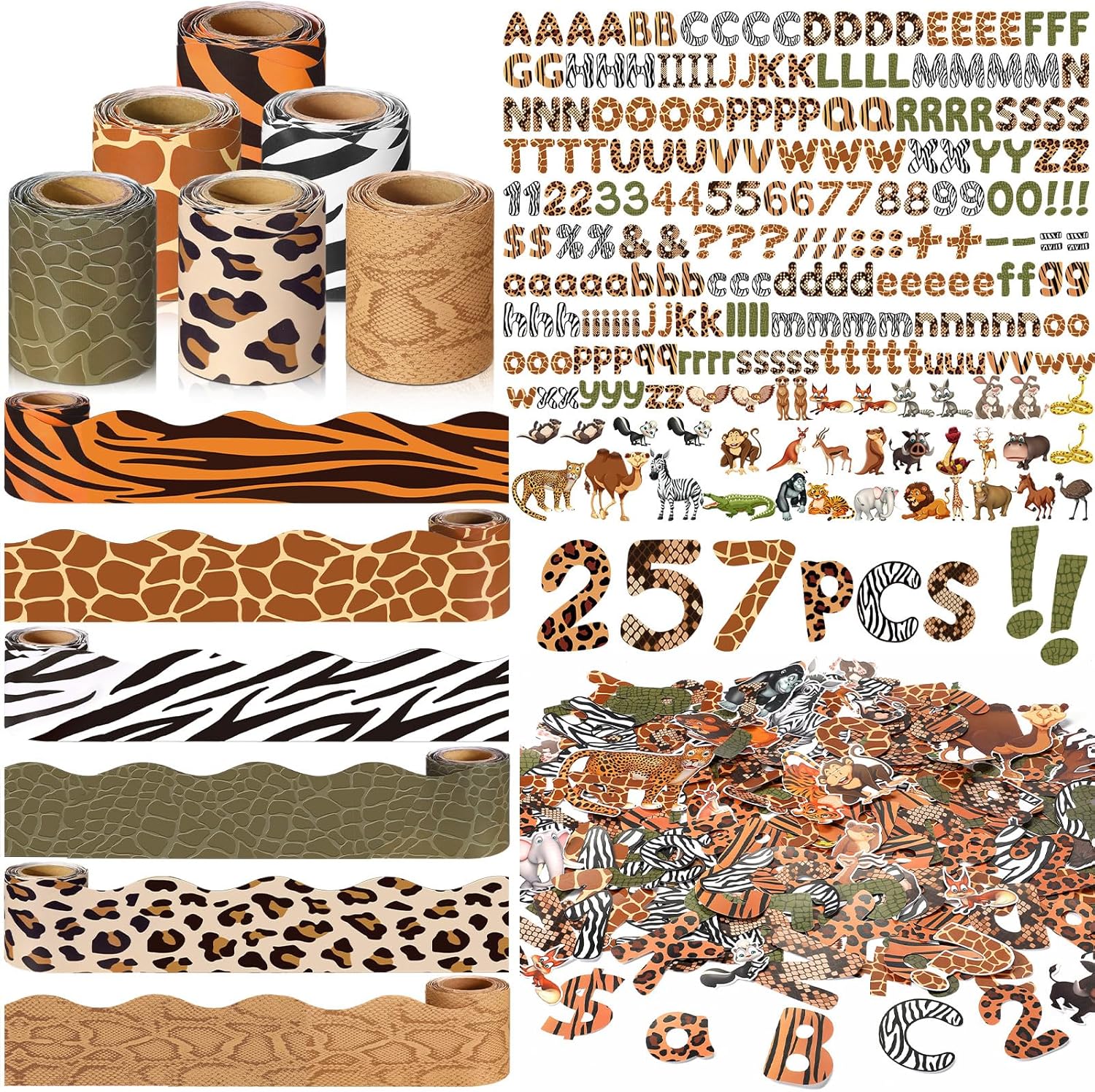Kosiz Safari Animal Bulletin Board Decoration Set 118 ft Scalloped Bulletin Board Borders Classroom Poster Border Trim with 257 Pcs Letter Number Symbol Cutout for School Decor