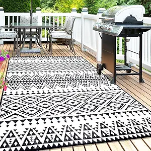 Outdoor Rug Mat for Patio, 9x12ft Waterproof Reversible Plastic Straw Rugs, Camping Carpet Area Mats for RV, Porch, Deck, Backyard, Balcony, Camper, Trailer, Black & White