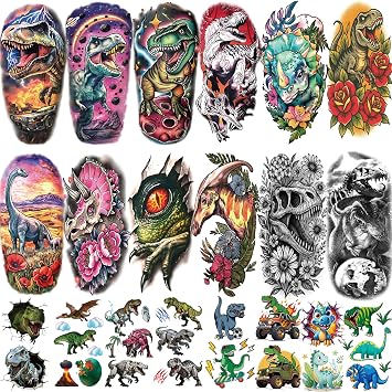 77 Sheets Dinosaur Temporary Tattoos for Kids Adult, Large Triceratops T-Rex Skull Raptor Claw Dinosaur Fake Tattoos for Boys Girl, Tiny Dino Tattoo for Birthday Party Favors T-rex Decoration
